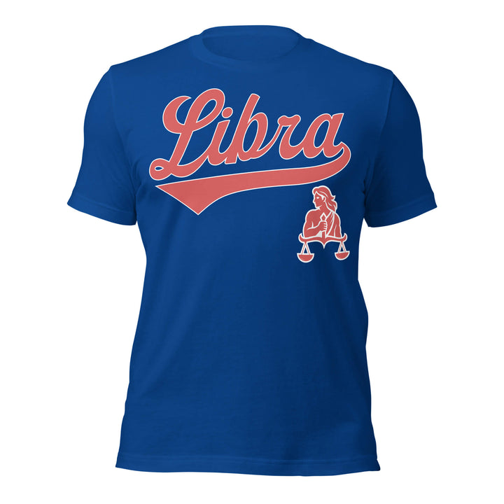 Libra zodiac sports graphic t-shirt, blue with red ink, unisex athletic astrology apparel, front flat lay