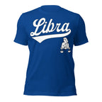 Libra zodiac sports graphic t-shirt, blue with white ink, unisex athletic astrology apparel, front flat lay