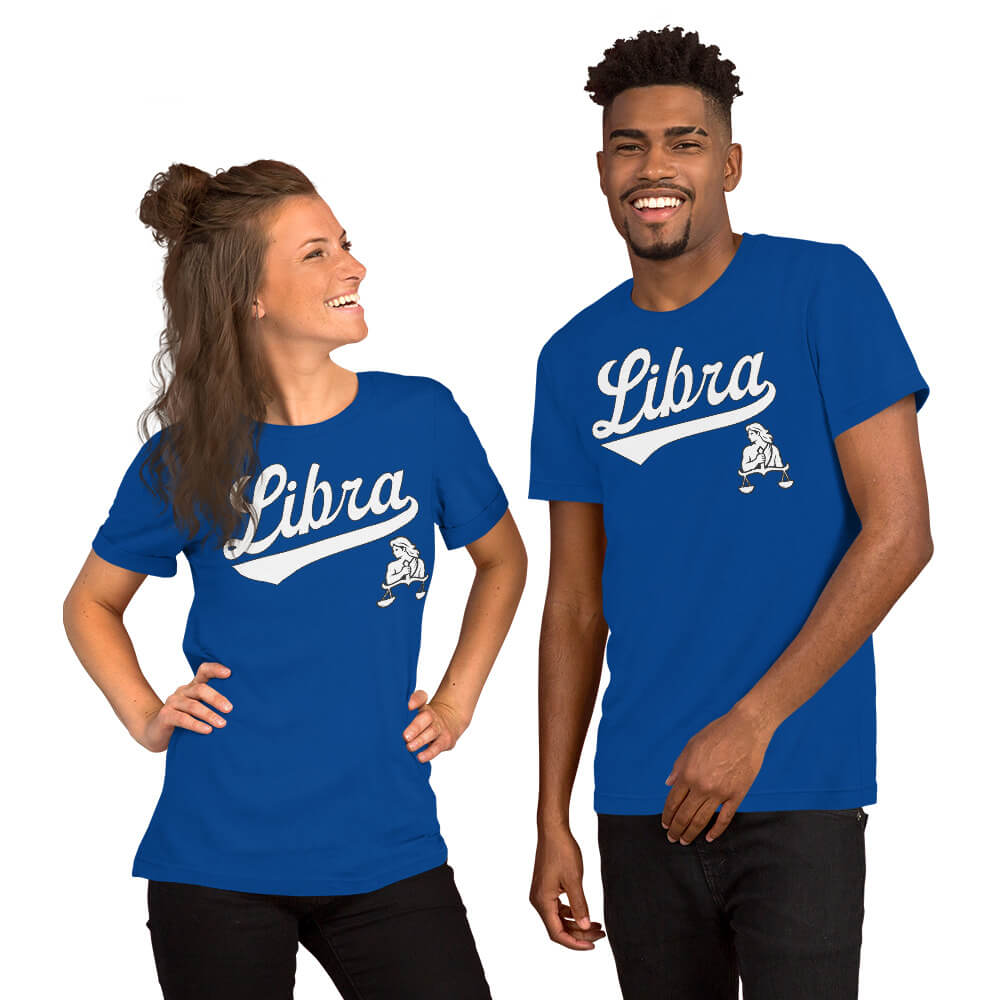 Two people wearing blue 'Libra.' t-shirts on a white background