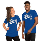 Two people wearing blue 'Libra.' t-shirts on a white background