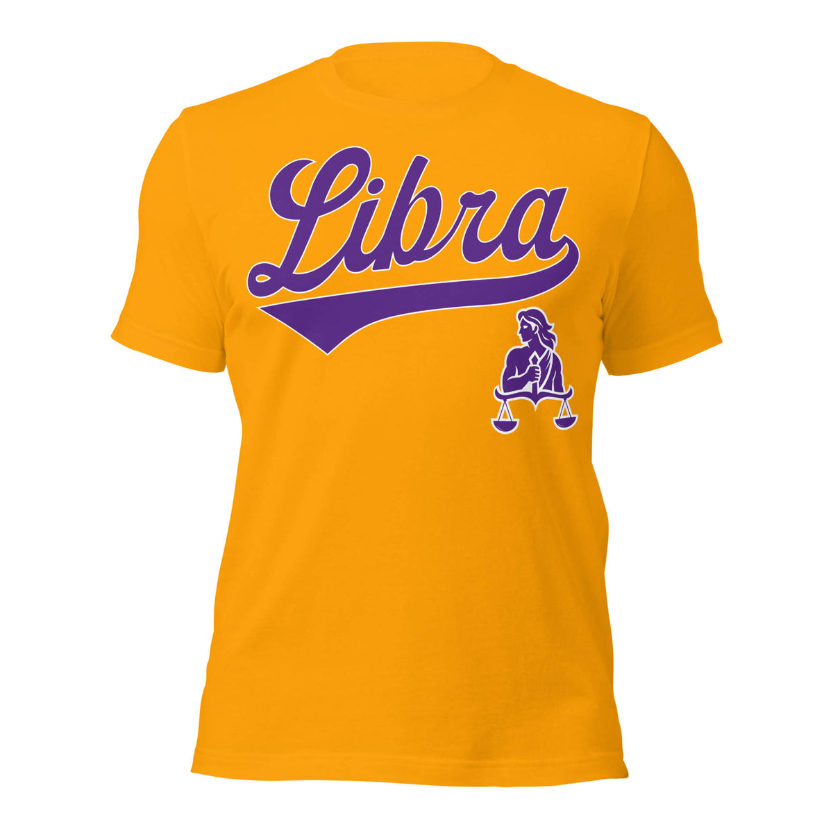 Libra zodiac sports graphic t-shirt, gold with purple ink, unisex athletic astrology apparel, front flat lay