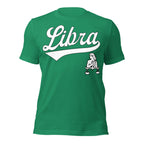 Libra zodiac sports graphic t-shirt, green with white ink, unisex athletic astrology apparel, front flat lay