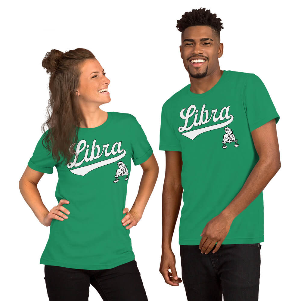 Two people wearing green t-shirts with 'Libra' zodiac graphic on a white background