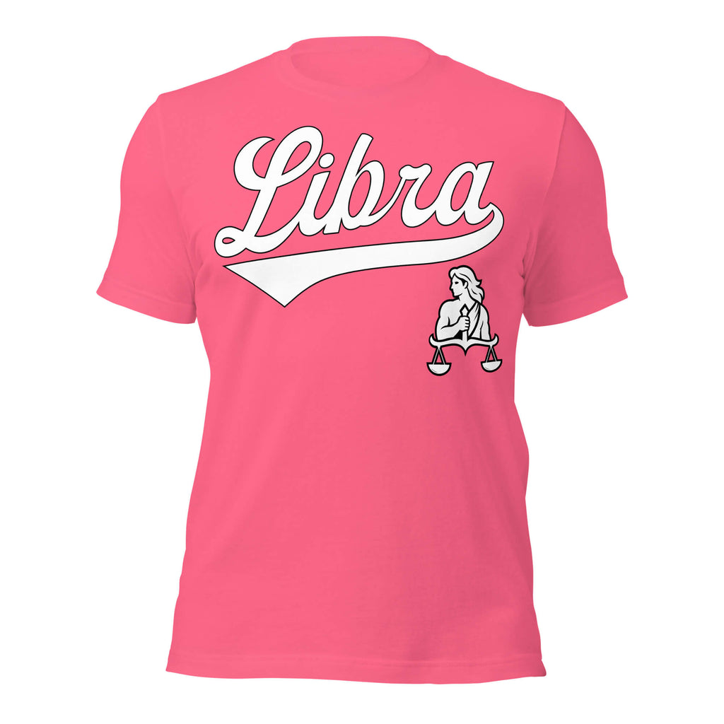 Libra zodiac sports graphic t-shirt, pink with white ink, unisex athletic astrology apparel, front flat lay