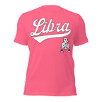 Libra zodiac sports graphic t-shirt, pink with white ink, unisex athletic astrology apparel, front flat lay