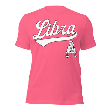 Libra zodiac sports graphic t-shirt, pink with white ink, unisex athletic astrology apparel, front flat lay