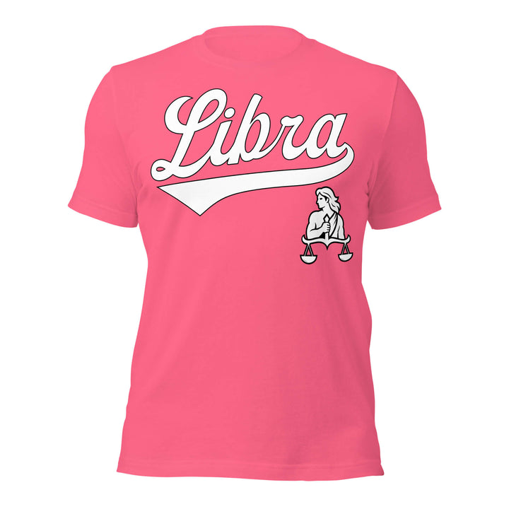 Libra zodiac sports graphic t-shirt, pink with white ink, unisex athletic astrology apparel, front flat lay