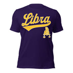 Libra zodiac sports graphic t-shirt, purple with gold ink, unisex athletic astrology apparel, front flat lay