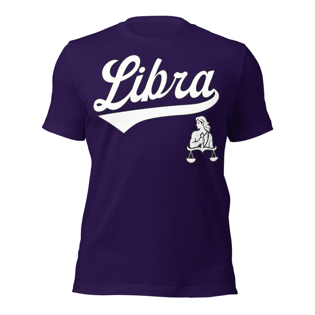 Libra zodiac sports graphic t-shirt, purple with white ink, unisex athletic astrology apparel, front flat lay