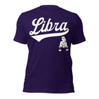 Libra zodiac sports graphic t-shirt, purple with white ink, unisex athletic astrology apparel, front flat lay