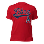 Libra zodiac sports graphic t-shirt, red with blue ink, unisex athletic astrology apparel, front flat lay