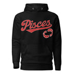 Pisces zodiac sports graphic hoodie, black with red ink, unisex athletic astrology apparel, front flat lay