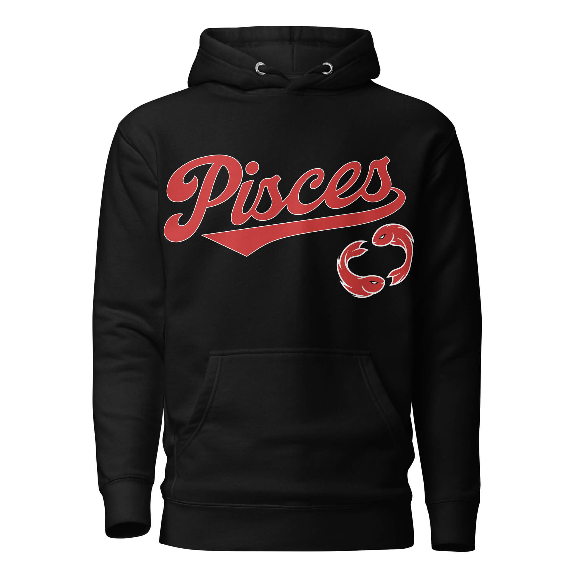 Pisces zodiac sports graphic hoodie, black with red ink, unisex athletic astrology apparel, front flat lay