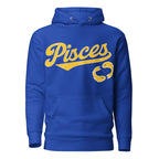 Pisces zodiac sports graphic hoodie, blue with gold ink, unisex athletic astrology apparel, front flat lay