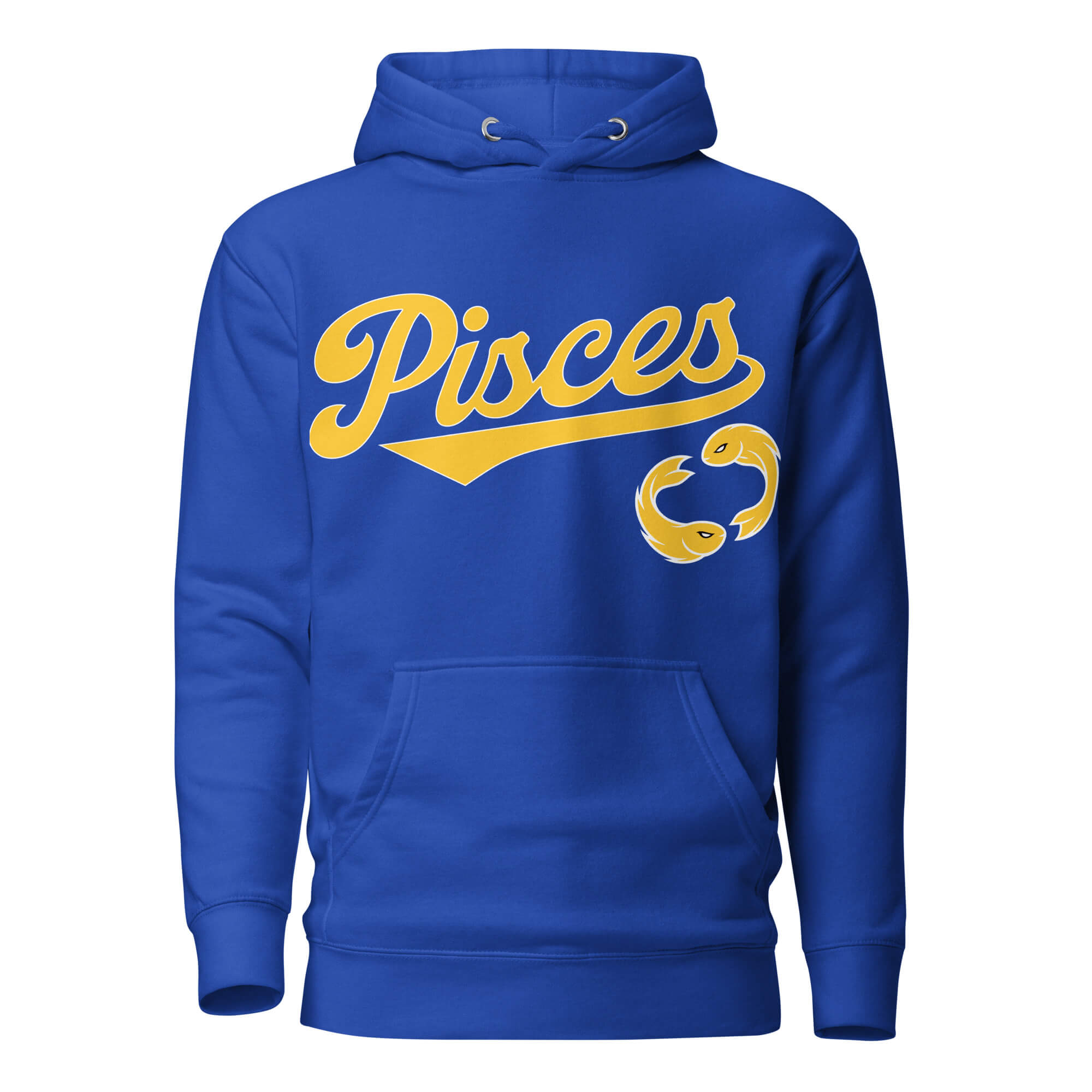Pisces zodiac sports graphic hoodie, blue with gold ink, unisex athletic astrology apparel, front flat lay