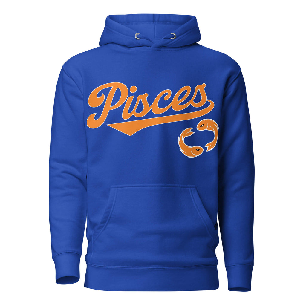 Pisces zodiac sports graphic hoodie, blue with orange ink, unisex athletic astrology apparel, front flat lay
