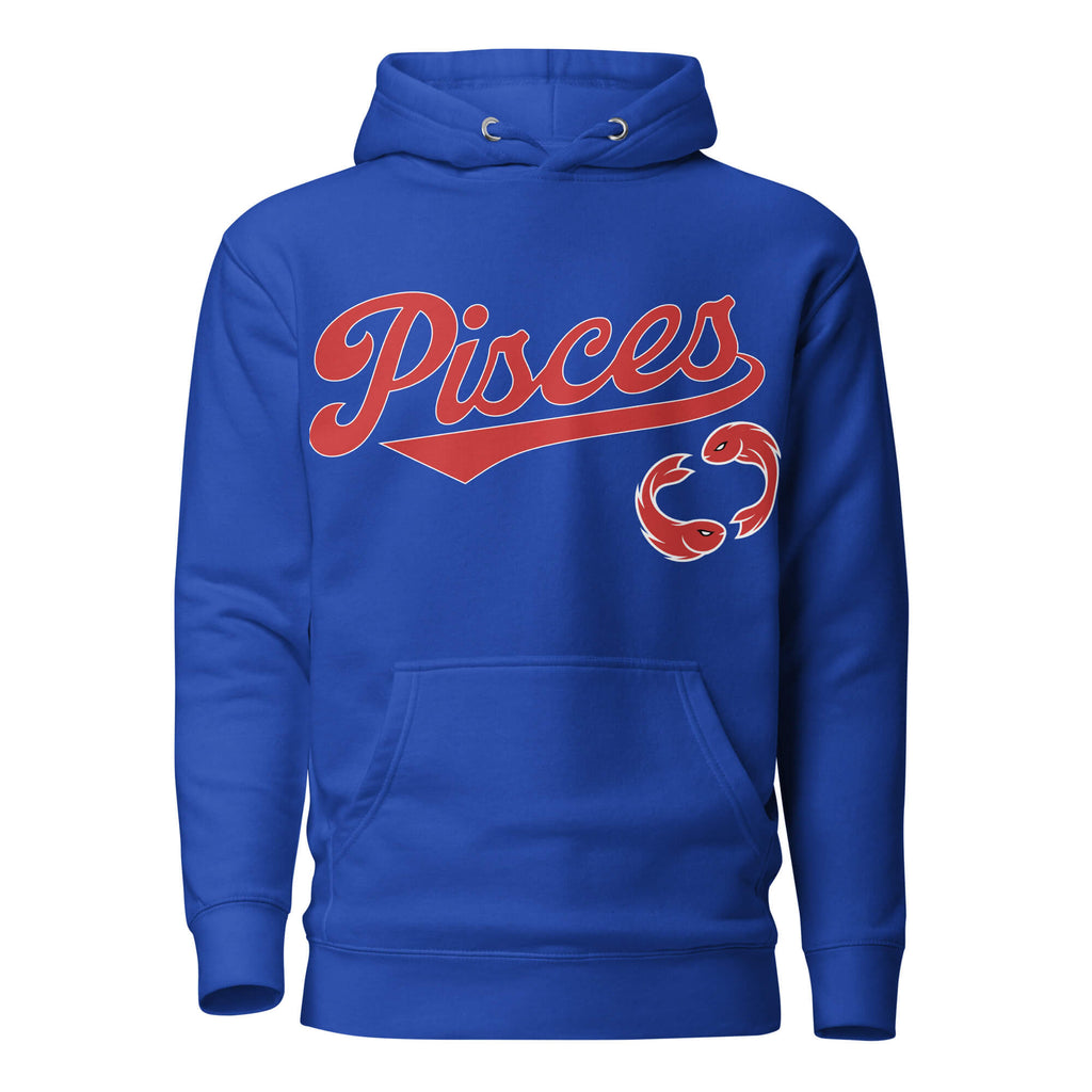 Pisces zodiac sports graphic hoodie, blue with red ink, unisex athletic astrology apparel, front flat lay