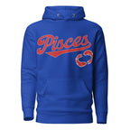 Pisces zodiac sports graphic hoodie, blue with red ink, unisex athletic astrology apparel, front flat lay