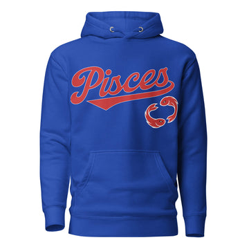 Pisces zodiac sports graphic hoodie, blue with red ink, unisex athletic astrology apparel, front flat lay
