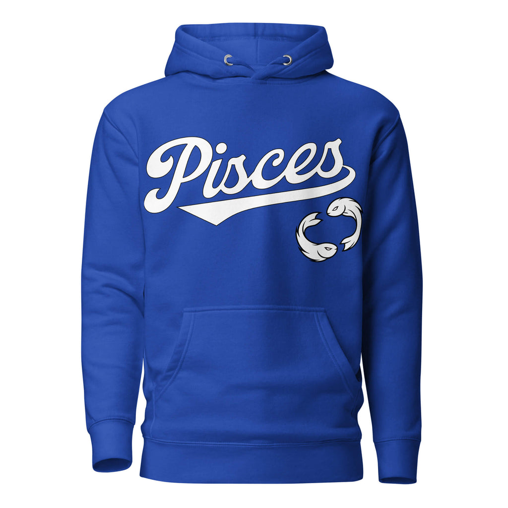 Pisces zodiac sports graphic hoodie, blue with white ink, unisex athletic astrology apparel, front flat lay