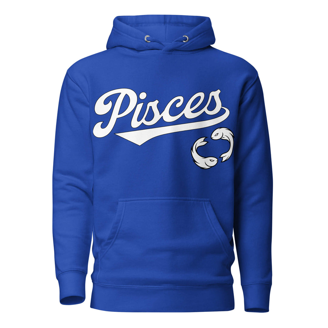 Pisces zodiac sports graphic hoodie, blue with white ink, unisex athletic astrology apparel, front flat lay