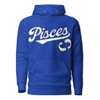 Pisces zodiac sports graphic hoodie, blue with white ink, unisex athletic astrology apparel, front flat lay