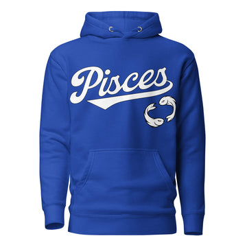 Pisces zodiac sports graphic hoodie, blue with white ink, unisex athletic astrology apparel, front flat lay