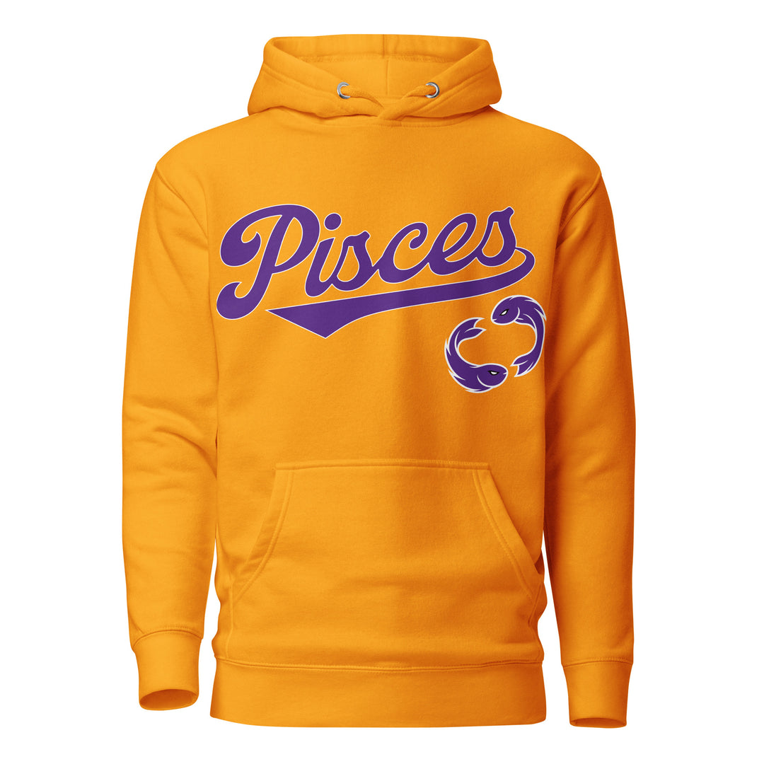 Pisces zodiac sports graphic hoodie, gold with purple ink, unisex athletic astrology apparel, front flat lay