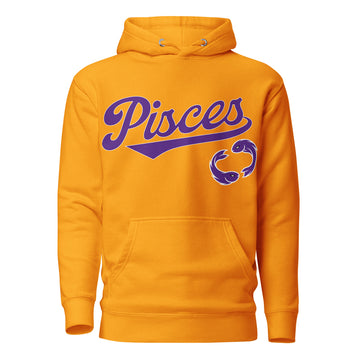 Pisces zodiac sports graphic hoodie, gold with purple ink, unisex athletic astrology apparel, front flat lay