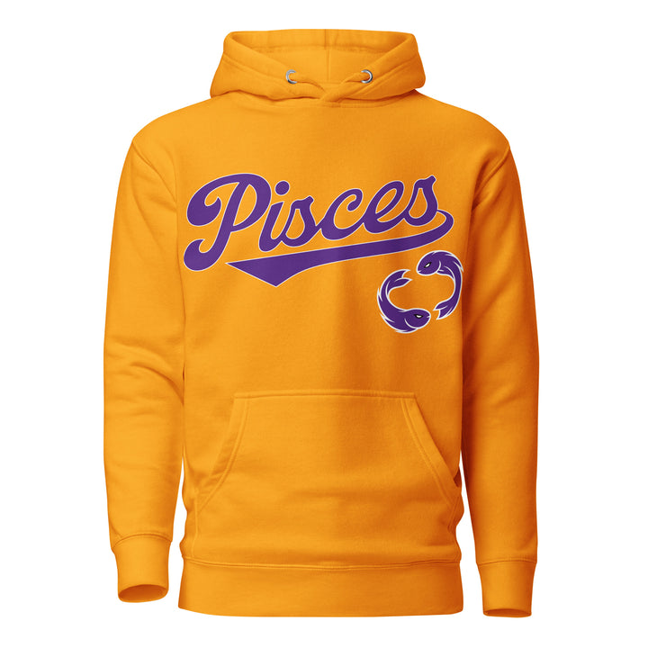 Pisces zodiac sports graphic hoodie, gold with purple ink, unisex athletic astrology apparel, front flat lay