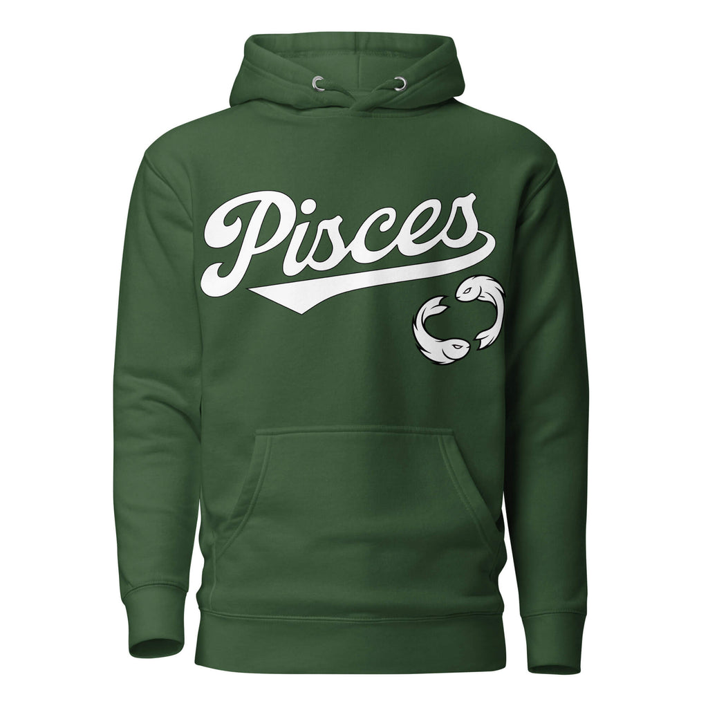 Pisces zodiac sports graphic hoodie, green with white ink, unisex athletic astrology apparel, front flat lay