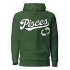 Pisces zodiac sports graphic hoodie, green with white ink, unisex athletic astrology apparel, front flat lay