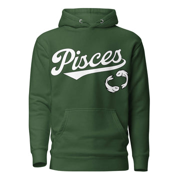Pisces zodiac sports graphic hoodie, green with white ink, unisex athletic astrology apparel, front flat lay