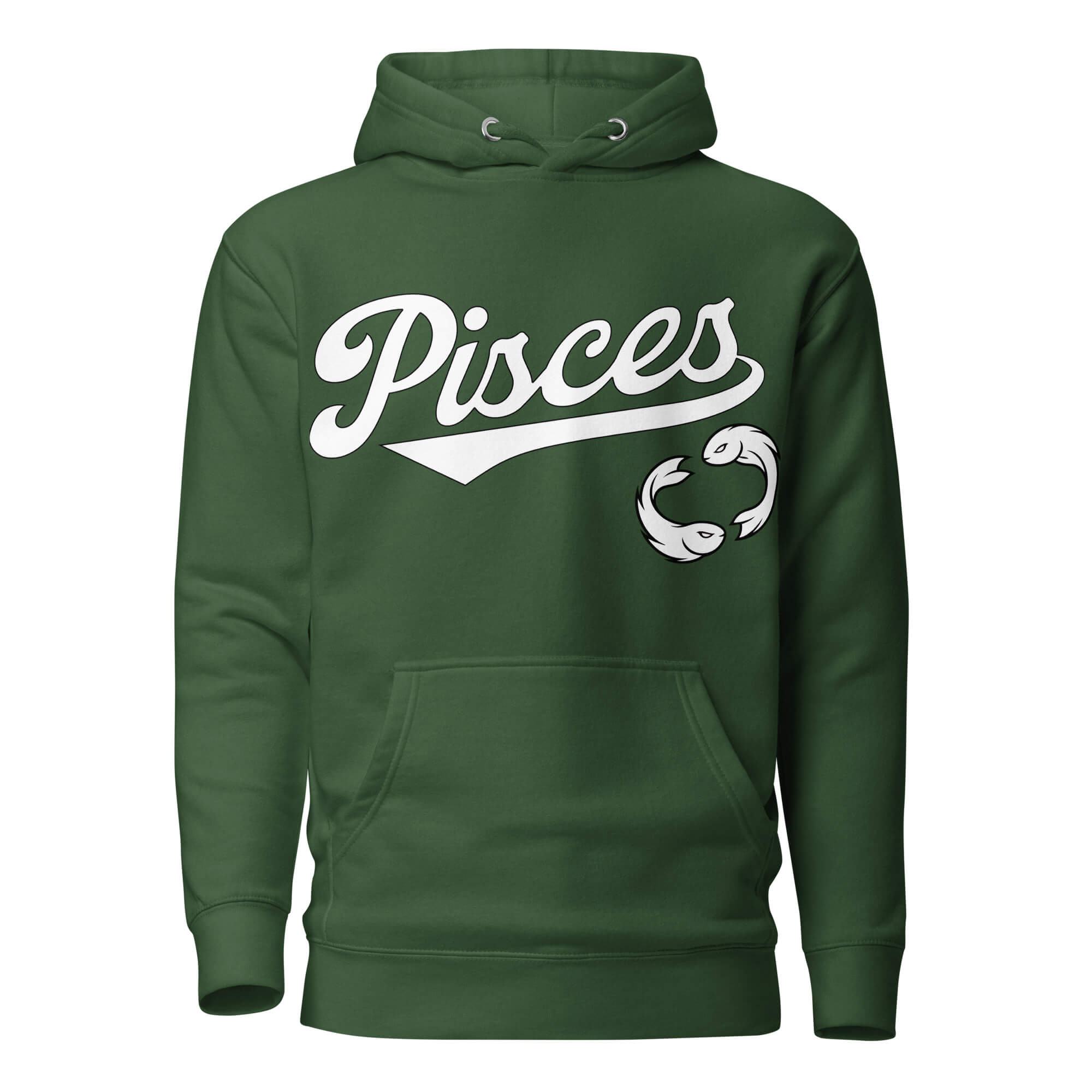 Pisces zodiac sports graphic hoodie, green with white ink, unisex athletic astrology apparel, front flat lay