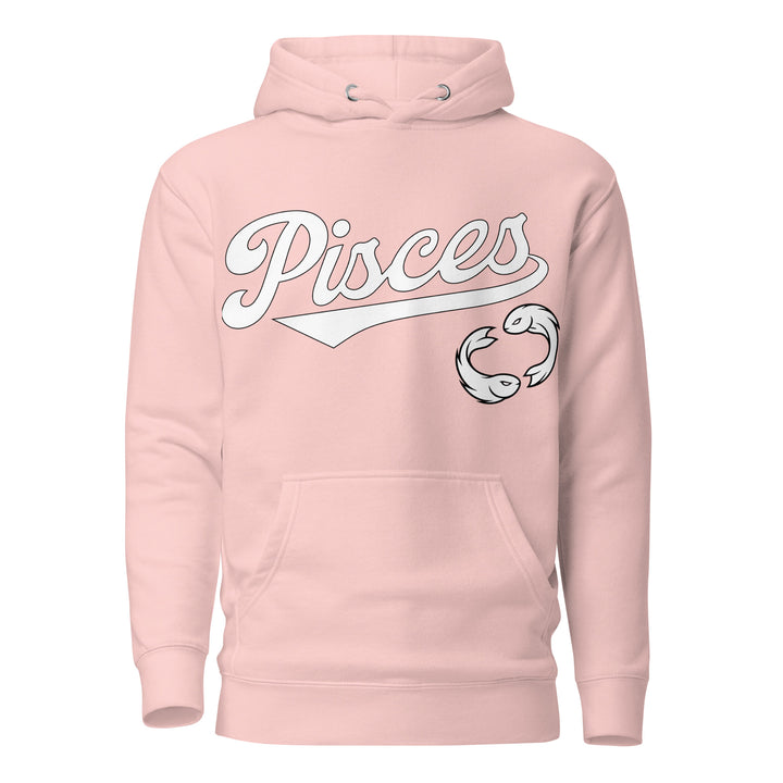 Pisces zodiac sports graphic hoodie, pink with white ink, unisex athletic astrology apparel, front flat lay