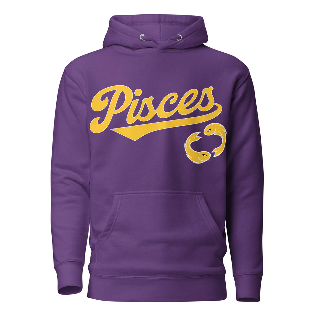 Pisces zodiac sports graphic hoodie, purple with gold ink, unisex athletic astrology apparel, front flat lay