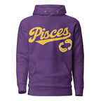 Pisces zodiac sports graphic hoodie, purple with gold ink, unisex athletic astrology apparel, front flat lay
