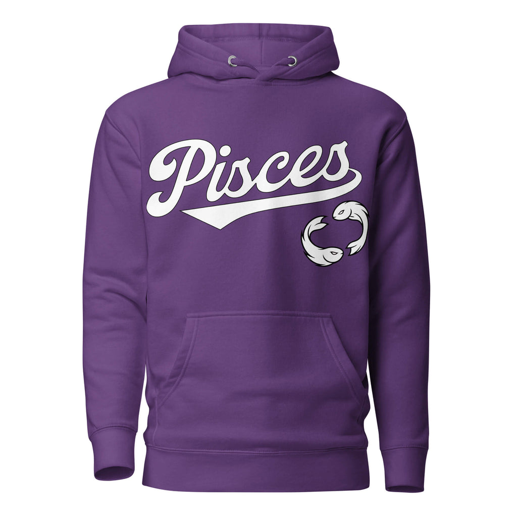 Pisces zodiac sports graphic hoodie, purple with white ink, unisex athletic astrology apparel, front flat lay