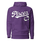 Pisces zodiac sports graphic hoodie, purple with white ink, unisex athletic astrology apparel, front flat lay