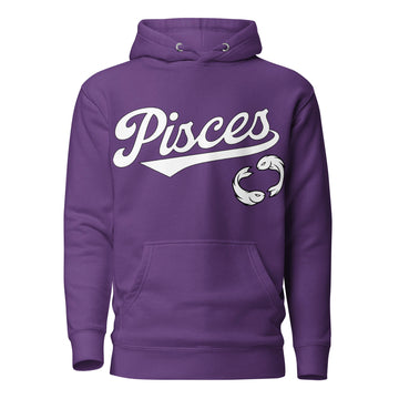 Pisces zodiac sports graphic hoodie, purple with white ink, unisex athletic astrology apparel, front flat lay