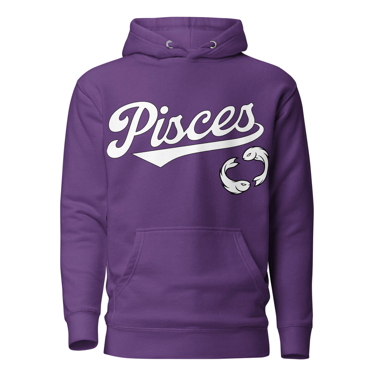 Pisces zodiac sports graphic hoodie, purple with white ink, unisex athletic astrology apparel, front flat lay