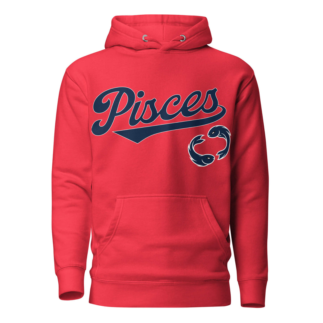 Pisces zodiac sports graphic hoodie, red with blue ink, unisex athletic astrology apparel, front flat lay