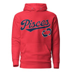 Pisces zodiac sports graphic hoodie, red with blue ink, unisex athletic astrology apparel, front flat lay