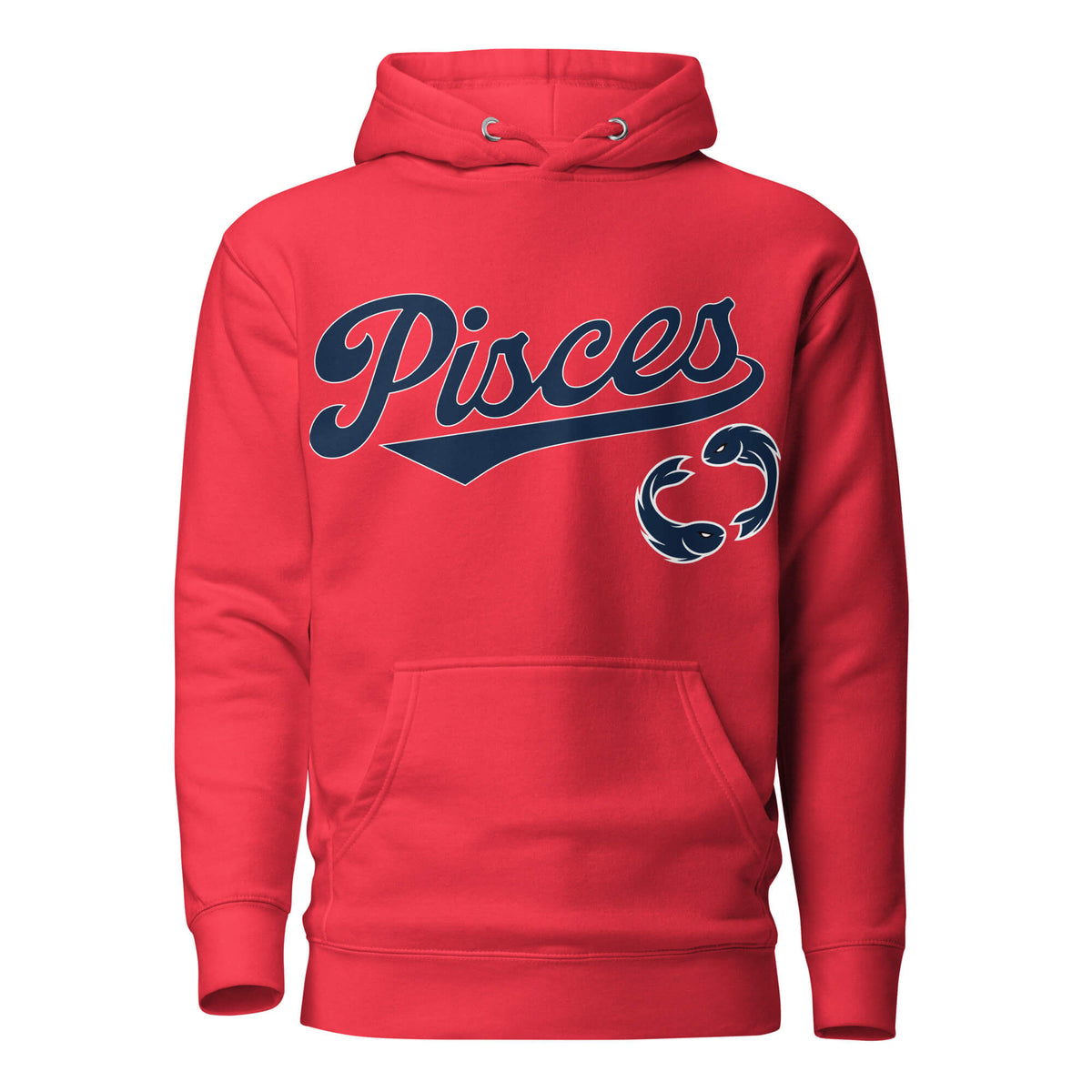 Pisces zodiac sports graphic hoodie, red with blue ink, unisex athletic astrology apparel, front flat lay