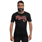A man with a beard modeling a black short-sleeve t-shirt with a red 'Pisces' astrological graphic on the chest, set against a plain white background.