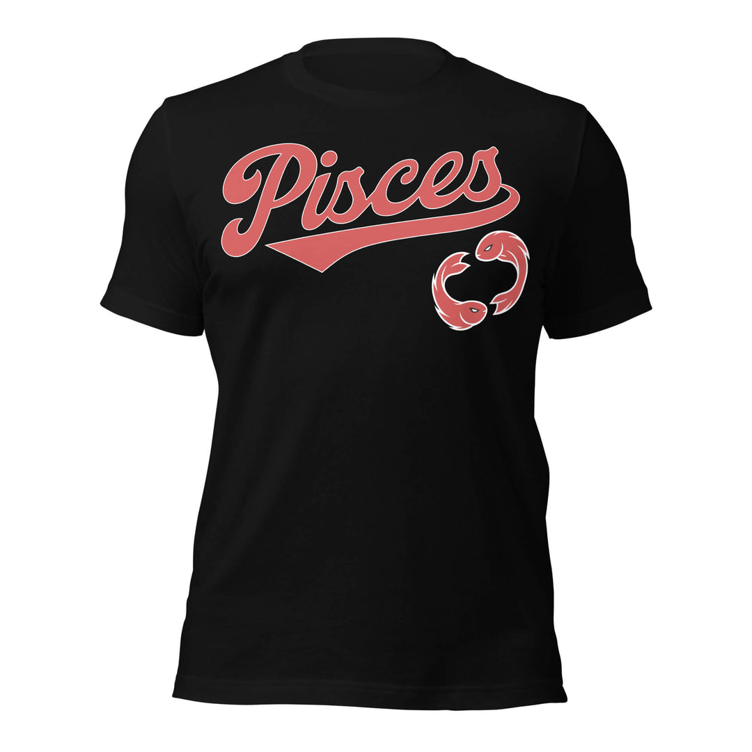 Pisces zodiac sports graphic t-shirt, black with red ink, unisex athletic astrology apparel, front flat lay