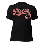 Pisces zodiac sports graphic t-shirt, black with red ink, unisex athletic astrology apparel, front flat lay