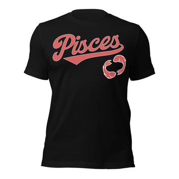 Pisces zodiac sports graphic t-shirt, black with red ink, unisex athletic astrology apparel, front flat lay