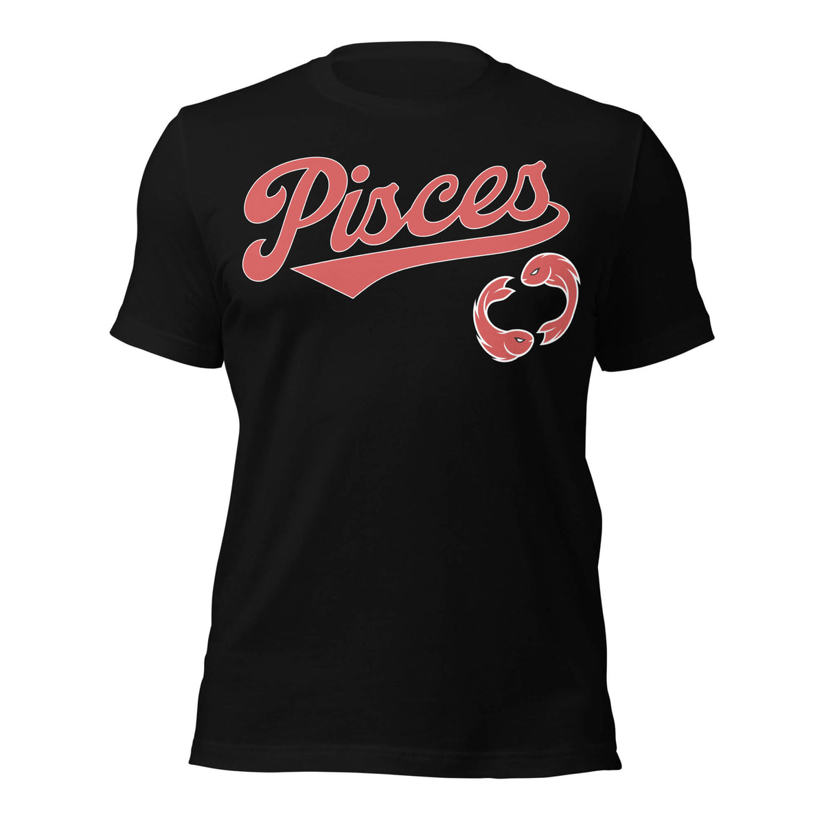 Pisces zodiac sports graphic t-shirt, black with red ink, unisex athletic astrology apparel, front flat lay