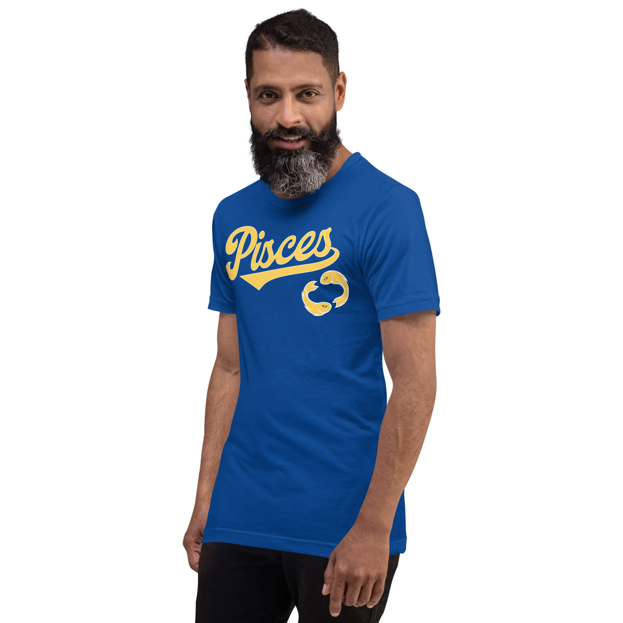 A man wearing a royal blue t-shirt with a gold 'Pisces' zodiac graphic on the chest, set against a plain white background.